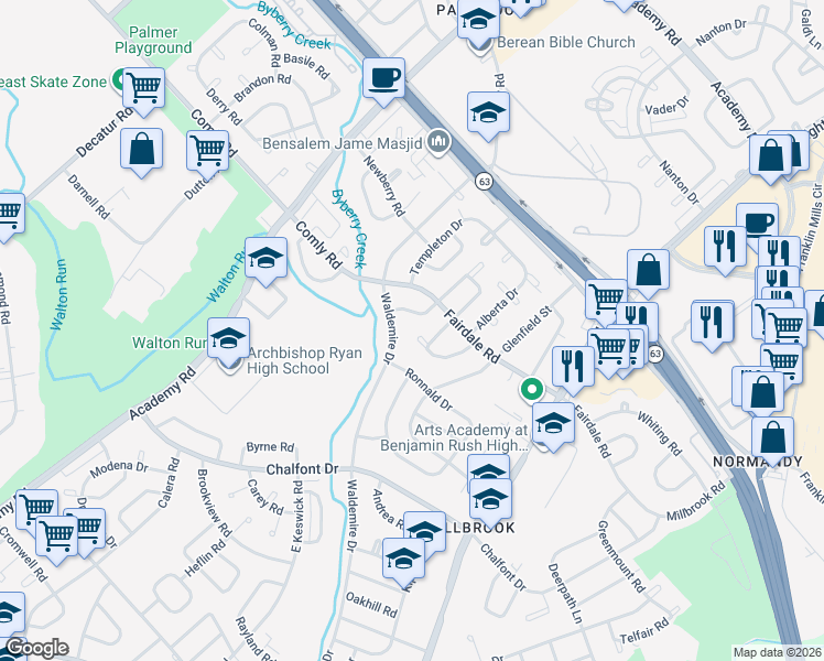 map of restaurants, bars, coffee shops, grocery stores, and more near 11901 Alberta Drive in Philadelphia