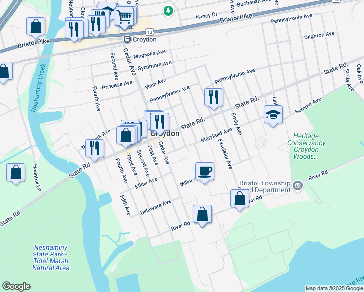 map of restaurants, bars, coffee shops, grocery stores, and more near 824 Patterson Avenue in Croydon
