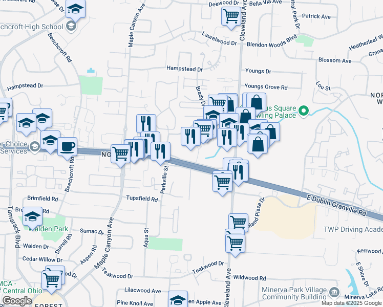 map of restaurants, bars, coffee shops, grocery stores, and more near 2400 East Dublin Granville Road in Columbus