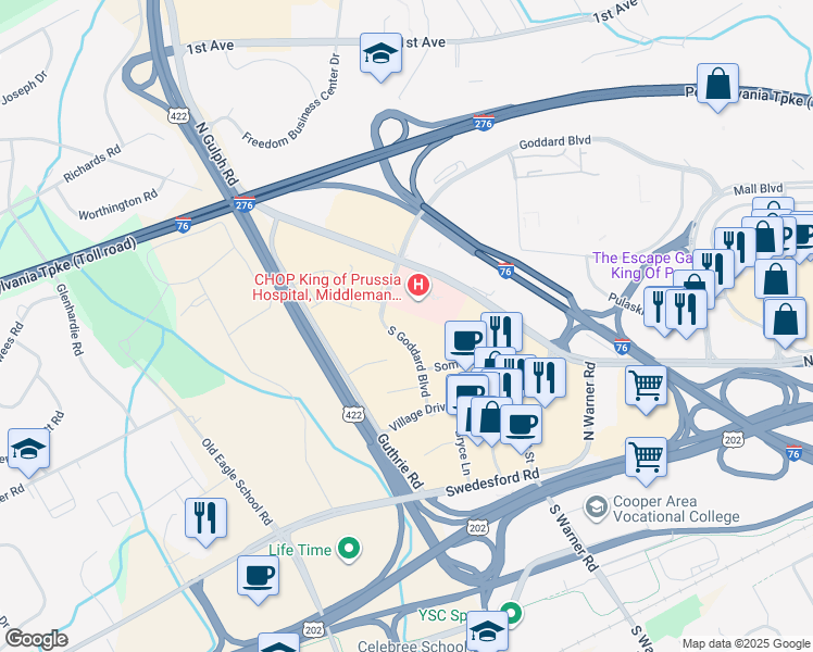 map of restaurants, bars, coffee shops, grocery stores, and more near 580 South Goddard Boulevard in King of Prussia