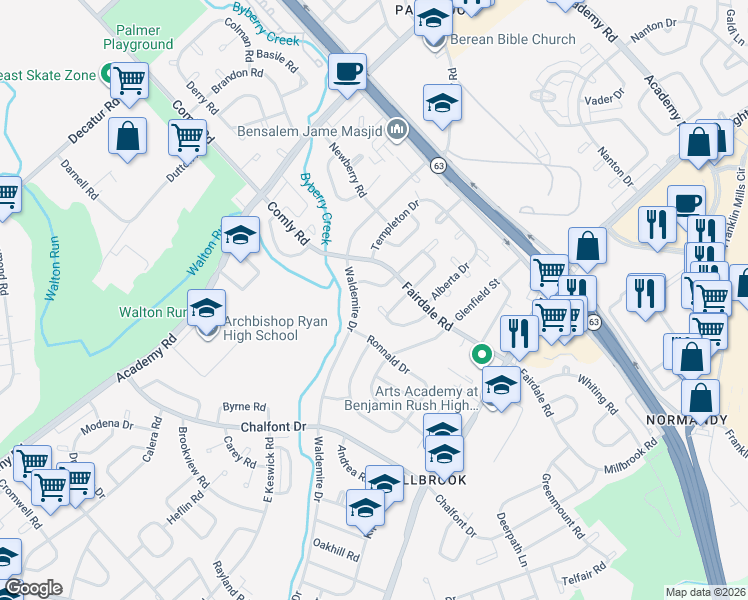 map of restaurants, bars, coffee shops, grocery stores, and more near 11901 Alberta Drive in Philadelphia