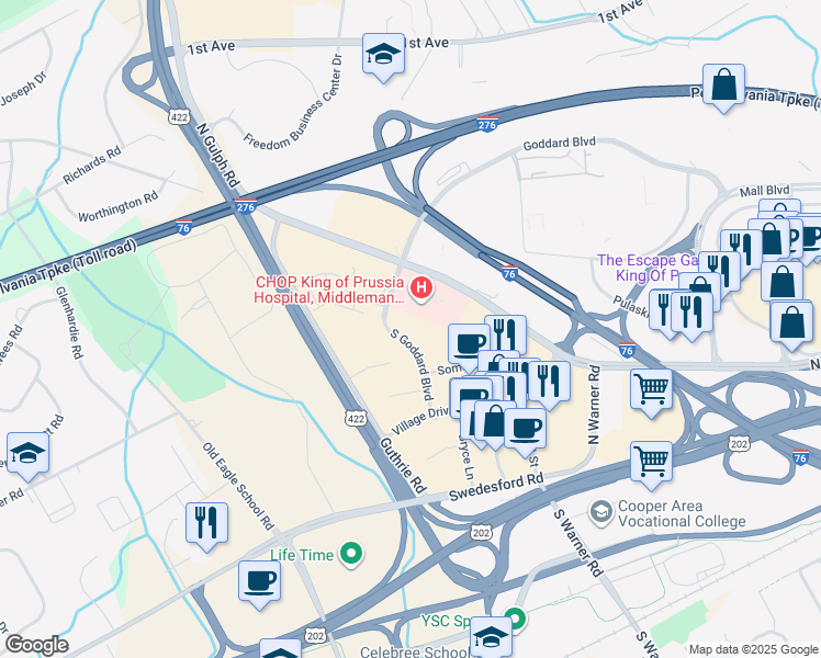 map of restaurants, bars, coffee shops, grocery stores, and more near 580 South Goddard Boulevard in King of Prussia