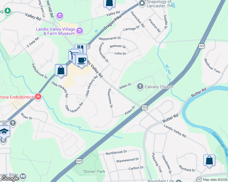 map of restaurants, bars, coffee shops, grocery stores, and more near 112 Greenview Drive in Lancaster