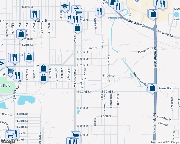 map of restaurants, bars, coffee shops, grocery stores, and more near 1121 East 30th Street in Anderson