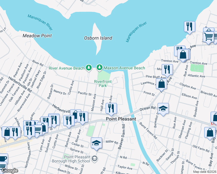 map of restaurants, bars, coffee shops, grocery stores, and more near 207 Osborn Avenue in Point Pleasant