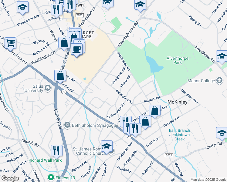 map of restaurants, bars, coffee shops, grocery stores, and more near 1062 Wellington Road in Jenkintown