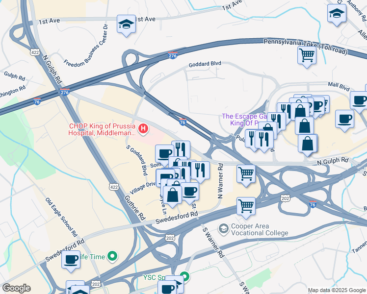 map of restaurants, bars, coffee shops, grocery stores, and more near 708 Lakeview Court in King of Prussia