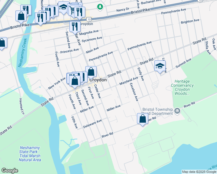 map of restaurants, bars, coffee shops, grocery stores, and more near 824 Patterson Avenue in Croydon