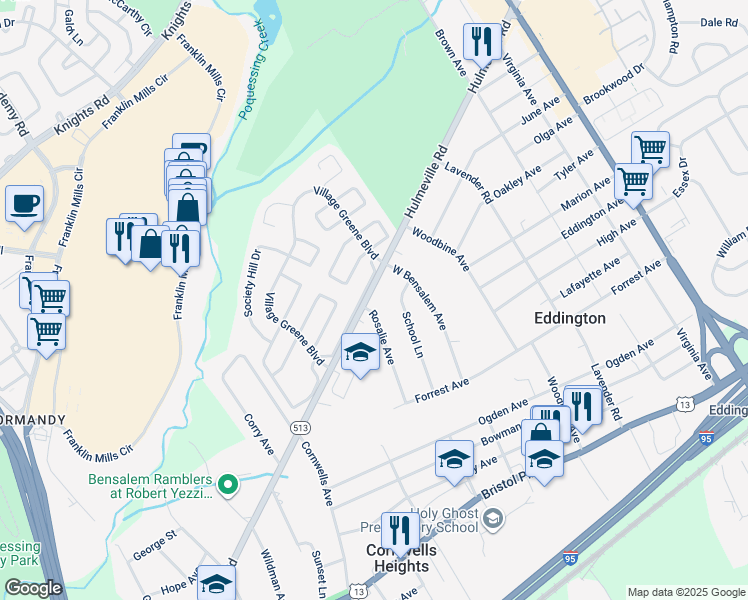 map of restaurants, bars, coffee shops, grocery stores, and more near 2417 Hulmeville Road in Bensalem