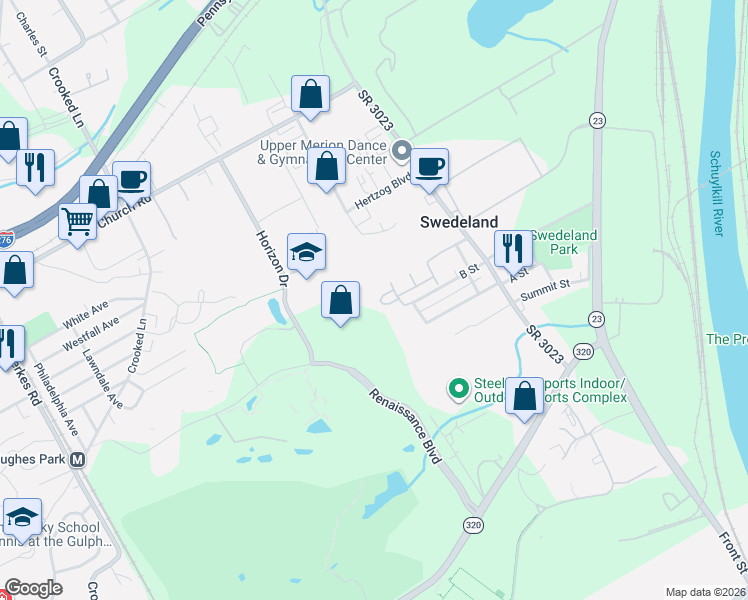 map of restaurants, bars, coffee shops, grocery stores, and more near 523 Sturbridge Court in King of Prussia