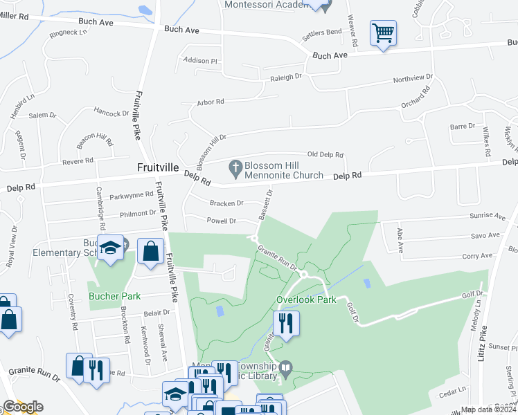 map of restaurants, bars, coffee shops, grocery stores, and more near 2278 Bassett Drive in Lancaster