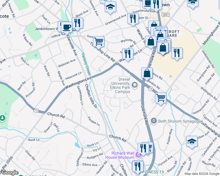map of restaurants, bars, coffee shops, grocery stores, and more near 273 Ironwood Circle in Elkins Park