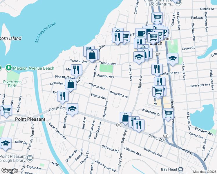 map of restaurants, bars, coffee shops, grocery stores, and more near 917 Borden Avenue in Point Pleasant