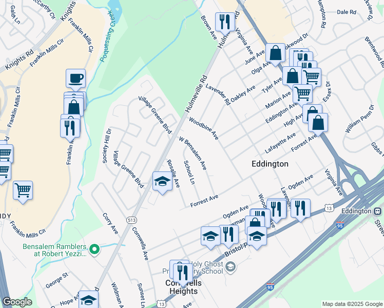 map of restaurants, bars, coffee shops, grocery stores, and more near 1484 West Bensalem Avenue in Eddington