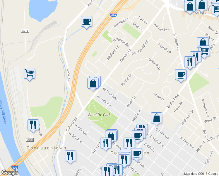 map of restaurants, bars, coffee shops, grocery stores, and more near 423 Pleasant Valley Drive in Conshohocken