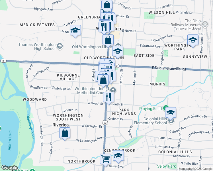map of restaurants, bars, coffee shops, grocery stores, and more near 633 High Street in Worthington