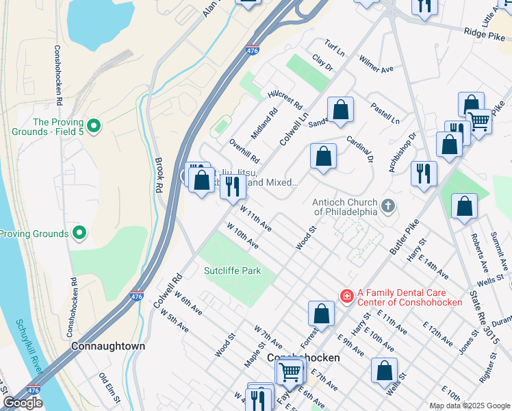 map of restaurants, bars, coffee shops, grocery stores, and more near 423 Pleasant Valley Drive in Conshohocken