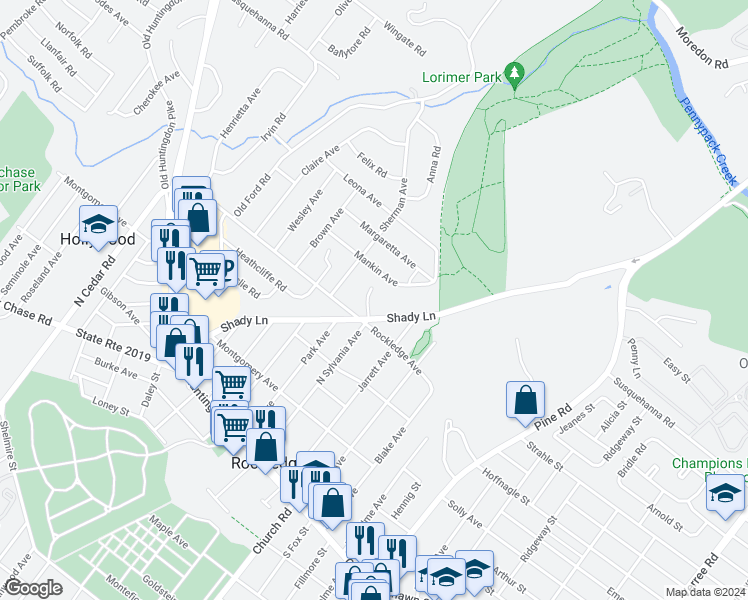 map of restaurants, bars, coffee shops, grocery stores, and more near 915 Standish Avenue in Huntingdon Valley