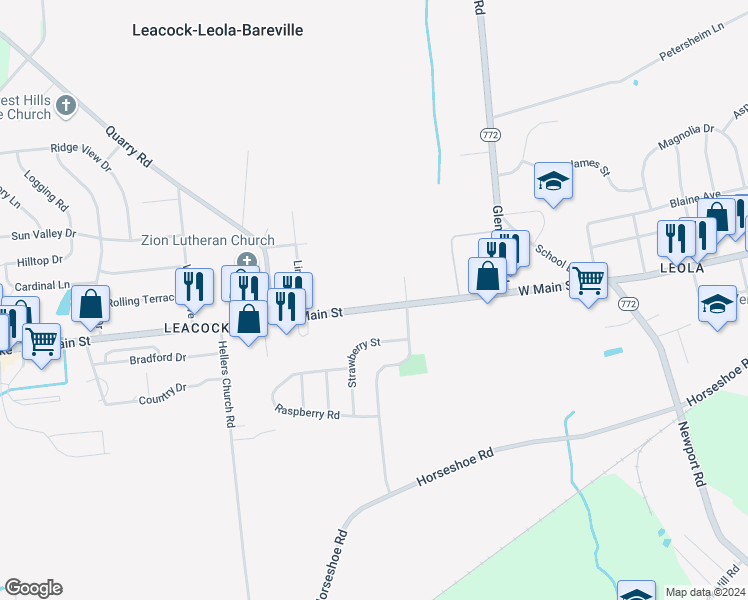 map of restaurants, bars, coffee shops, grocery stores, and more near 201 West Main Street in Leacock-Leola-Bareville
