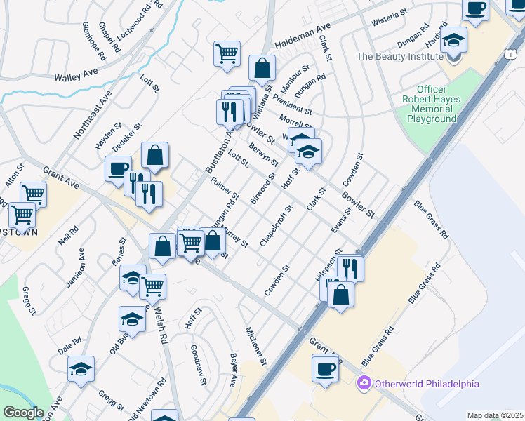 map of restaurants, bars, coffee shops, grocery stores, and more near 1939 Fulmer Street in Philadelphia