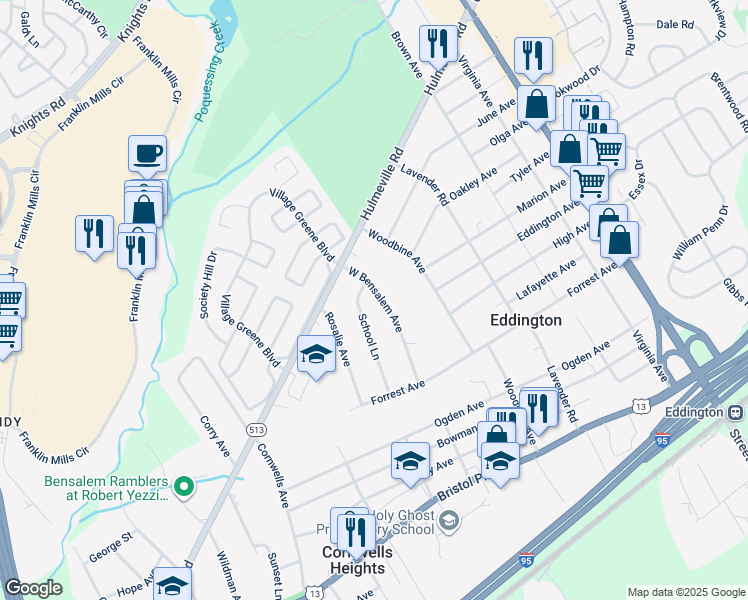 map of restaurants, bars, coffee shops, grocery stores, and more near 1484 West Bensalem Avenue in Eddington