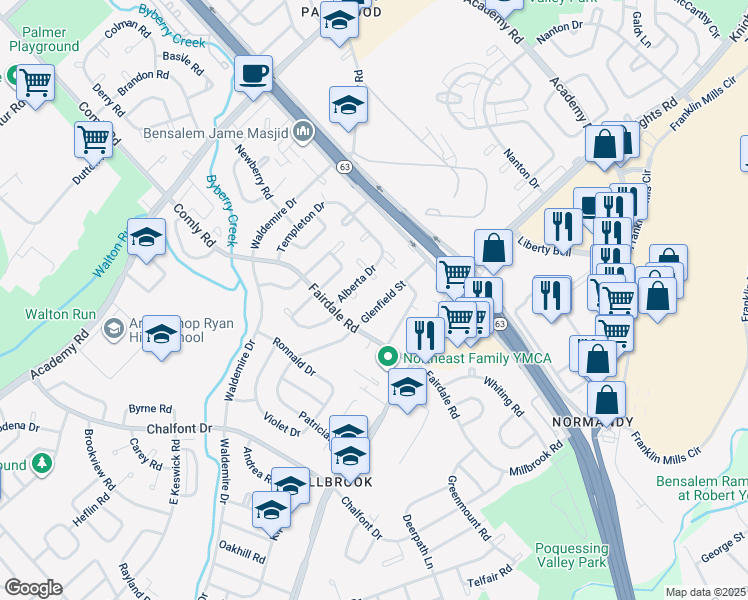 map of restaurants, bars, coffee shops, grocery stores, and more near 12028 Glenfield Street in Philadelphia