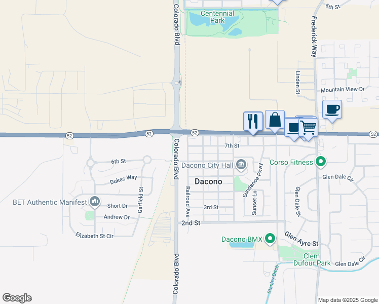 map of restaurants, bars, coffee shops, grocery stores, and more near 614 Railroad Avenue in Dacono