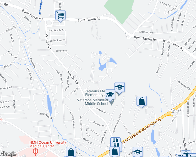 map of restaurants, bars, coffee shops, grocery stores, and more near 22 Northrup Drive in Brick Township