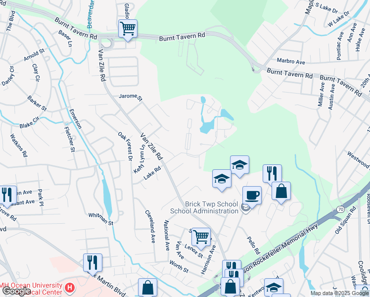 map of restaurants, bars, coffee shops, grocery stores, and more near 22 Northrup Drive in Brick Township