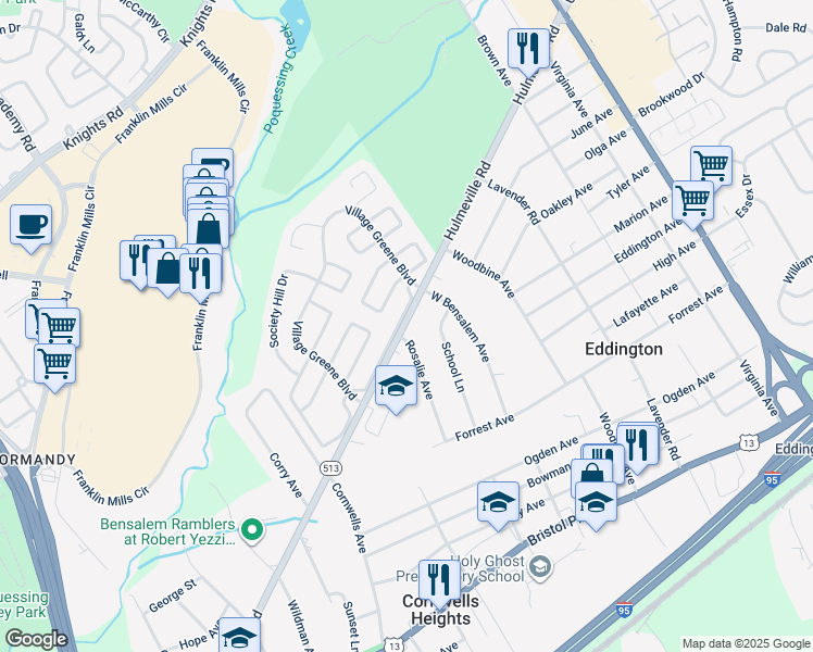 map of restaurants, bars, coffee shops, grocery stores, and more near 2417 Hulmeville Road in Bensalem