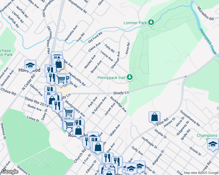 map of restaurants, bars, coffee shops, grocery stores, and more near 915 Standish Avenue in Huntingdon Valley