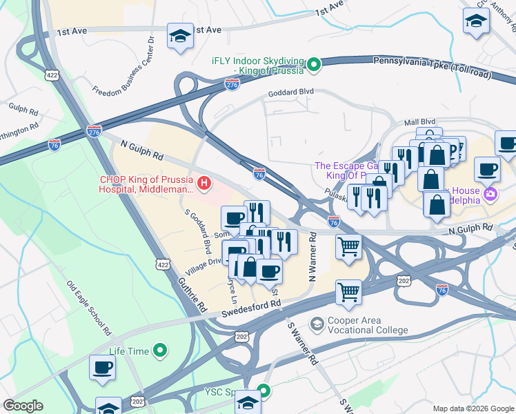 map of restaurants, bars, coffee shops, grocery stores, and more near 306 Lakeview Court in King of Prussia