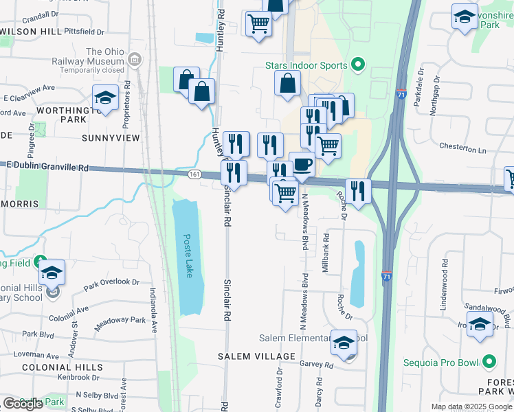 map of restaurants, bars, coffee shops, grocery stores, and more near 5914 Sinclair Road in Columbus