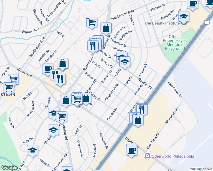 map of restaurants, bars, coffee shops, grocery stores, and more near 1939 Fulmer Street in Philadelphia