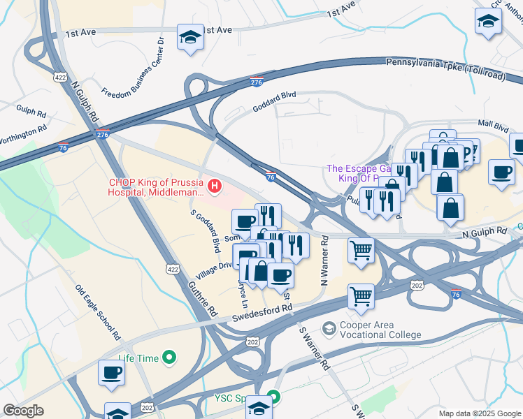 map of restaurants, bars, coffee shops, grocery stores, and more near 306 Lakeview Court in King of Prussia