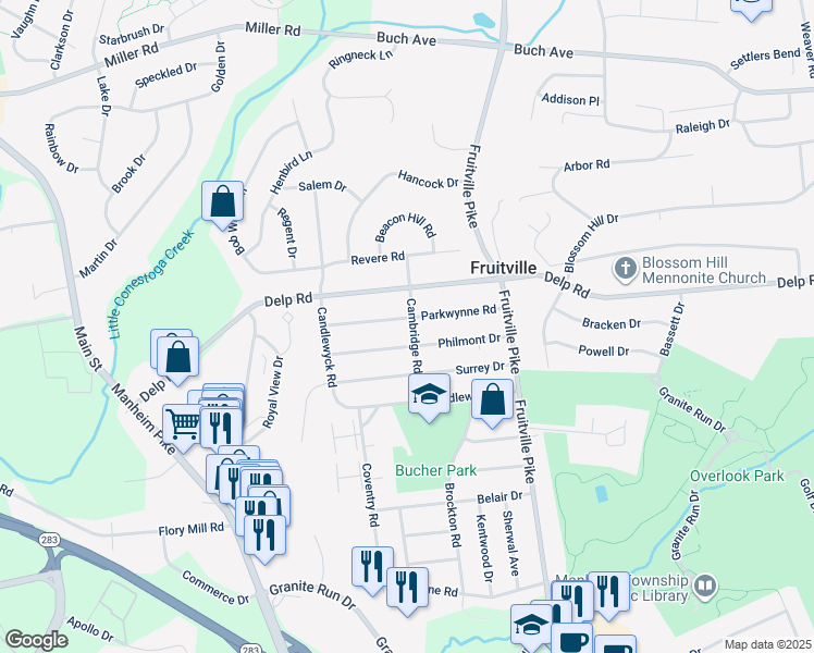 map of restaurants, bars, coffee shops, grocery stores, and more near 450 Parkwynne Road in Lancaster