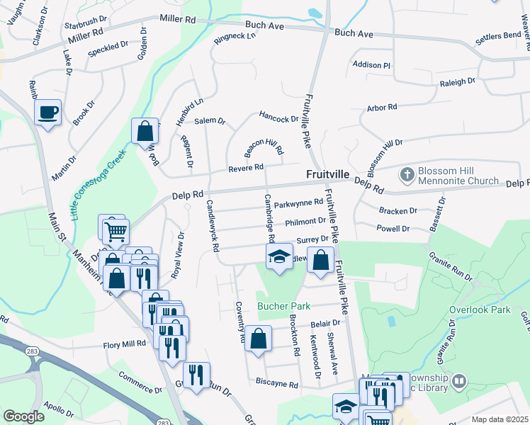 map of restaurants, bars, coffee shops, grocery stores, and more near 450 Parkwynne Road in Lancaster