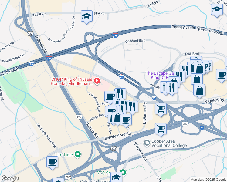map of restaurants, bars, coffee shops, grocery stores, and more near 306 Lakeview Court in King of Prussia
