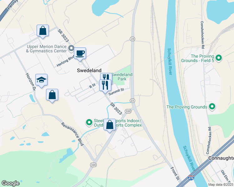 map of restaurants, bars, coffee shops, grocery stores, and more near 643B Summit Street in King of Prussia