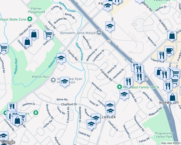 map of restaurants, bars, coffee shops, grocery stores, and more near 11211 Waldemire Drive in Philadelphia