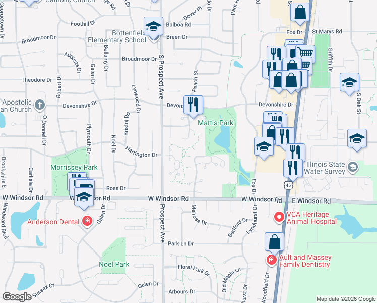 map of restaurants, bars, coffee shops, grocery stores, and more near 2121 Melrose Drive in Champaign