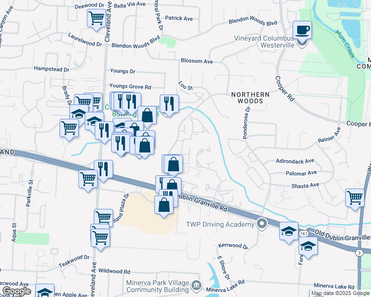 map of restaurants, bars, coffee shops, grocery stores, and more near 5650 Knighthood Lane in Columbus