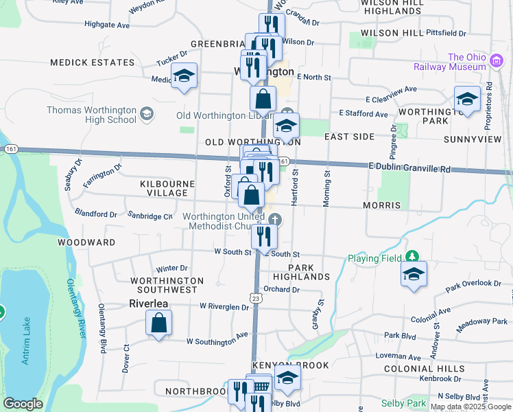 map of restaurants, bars, coffee shops, grocery stores, and more near 633 High Street in Worthington