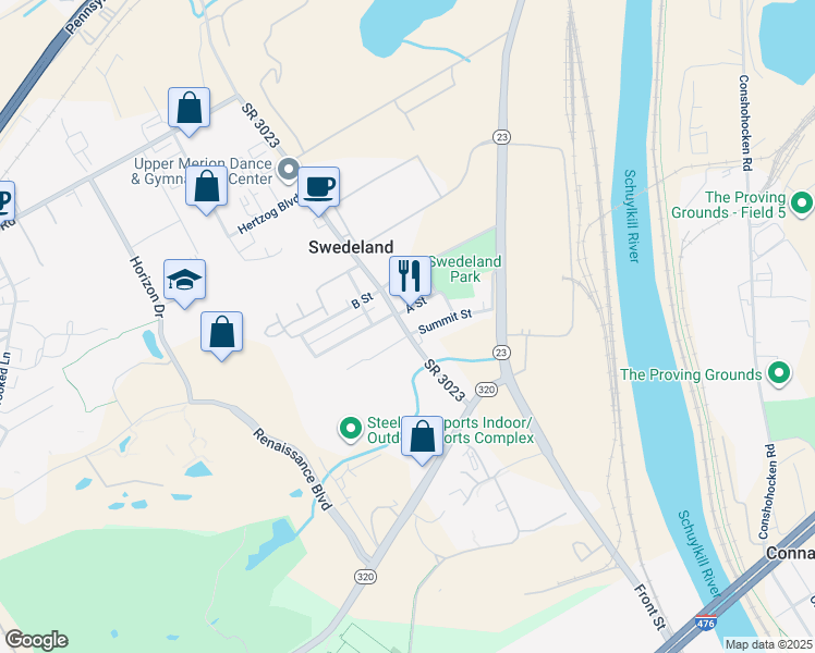 map of restaurants, bars, coffee shops, grocery stores, and more near 604 Summit Street in King of Prussia