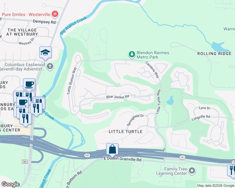 map of restaurants, bars, coffee shops, grocery stores, and more near 4925 Whistlewood Lane in Westerville