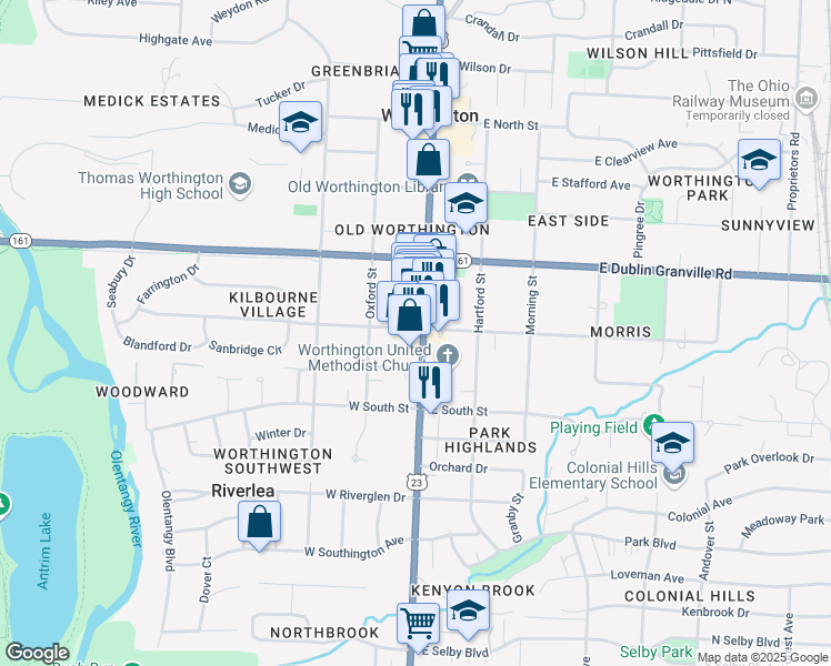 map of restaurants, bars, coffee shops, grocery stores, and more near 615 High Street in Columbus