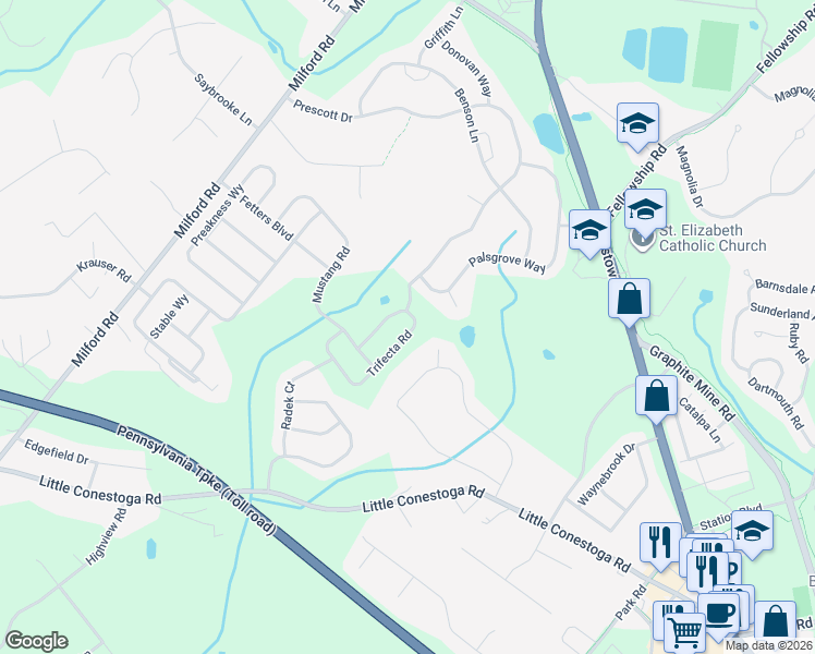 map of restaurants, bars, coffee shops, grocery stores, and more near 142 Christine Drive in Downingtown