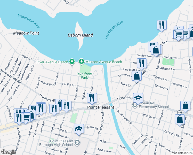 map of restaurants, bars, coffee shops, grocery stores, and more near 358 Briar Road in Point Pleasant Beach