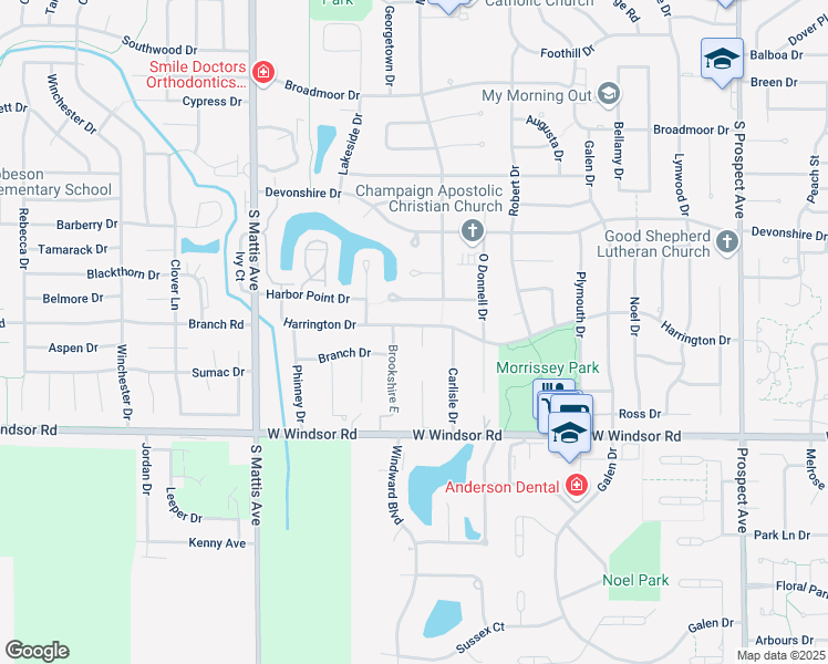 map of restaurants, bars, coffee shops, grocery stores, and more near 1507 Harrington Drive in Champaign