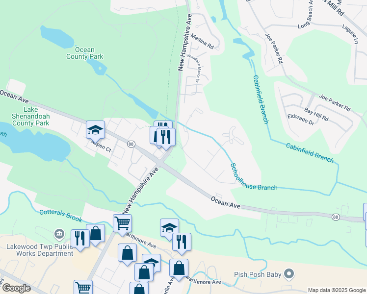 map of restaurants, bars, coffee shops, grocery stores, and more near 2 Fountain Drive in Lakewood Township